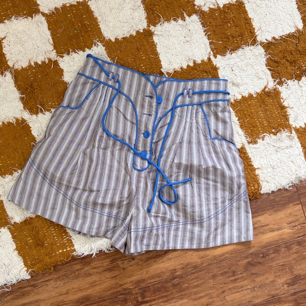 NWT FREE PEOPLE Sunday Stroll High Waist Striped Shorts Grey Blue Tie  Size M